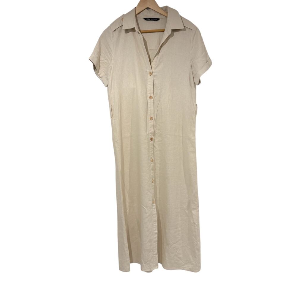 Zara Linen Button Front Collared Dress Cream Small Short Sleeve